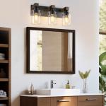 Farmhouse Bathroom Vanity Light Fixtures, Rustic 3-Light Wood Vanity Lights for Bathroom, Vintage Black Wall Sconces Lighting, Light fixtures Over Mirror, with Glass Shade