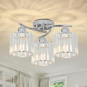 Rayofly Ceiling Lights Living Room, 3-Lights Modern Crystal Chandeliers Ceiling Light, Crystal Chandelier with Glass Shade, Hallway Ceiling Light Fitting, Flush Ceiling Lamp for Hall, Bathroom, Chrome