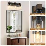 Farmhouse Bathroom Vanity Light Fixtures, Rustic 3-Light Wood Vanity Lights for Bathroom, Vintage Black Wall Sconces Lighting, Light fixtures Over Mirror, with Glass Shade