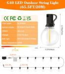 String Outdoor Festoon Garden Lights - G40 65.5Ft 20M LED Light Mains Powered with Remote Control Dimmable Timer Waterproof Shatterproof Bulb Hanging Outside Lighting for Gazebo Balcony Patio Pergola