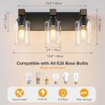 Farmhouse Bathroom Vanity Light Fixtures, Rustic 3-Light Wood Vanity Lights for Bathroom, Vintage Black Wall Sconces Lighting, Light fixtures Over Mirror, with Glass Shade