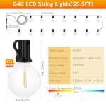 Outdoor String Lights Garden 65Ft 20M LED Festoon Light Mains Powered with Remote Dimmable Timer Outside Light Waterproof G40 26+2 Bulbs Hanging Patio Lighting Party Wedding for Gazebo Pergola Balcony