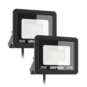 GRIFEMA 20W LED Floodlight Outdoor, 2200LM, 6500K Cool White, IP66 Waterproof, Adjustable 180° Bracket, Security Lighting for Garden, Garage, Yard, Pack of 2, No Plug​