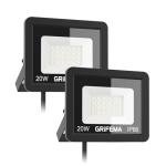 GRIFEMA 20W LED Floodlight Outdoor, 2200LM, 6500K Cool White, IP66 Waterproof, Adjustable 180° Bracket, Security Lighting for Garden, Garage, Yard, Pack of 2, No Plug​