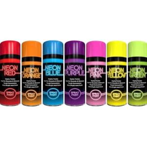 Inspired Essentials 7 x Fluorescent Bright Neon Spray Paint Aerosol DIY Graffiti Extra Bright Assorted Colours Paint Blue Green Orange Pink Yellow Red Purple 200ml