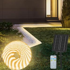 CCILAND 10M Solar LED Strip Lights Outdoor, IP68 Waterproof Light Strip with 8 Modes Remote Dimmable Flexible Sleeve Strip for Garden Porch Patio Gazebo Decor - Warm White