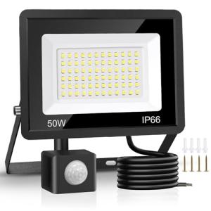 Jsdoin 50W Security Lights Outdoor Motion Sensor 4500 Lumen PIR Security Light 6500K LED Floodlights IP66 Waterproof Outside Daylight Wall Light with 2M Cable for Garage Garden Hallway Backyard