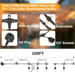 BRIMAX Outdoor String Lights 49FT Heavy Duty Commercial Grade Waterproof String Lights, 15 E27 Sockets, 15 Shatterproof LED Bulbs (2W Warm White), Garden Light for Patio, Backyard, Cafe