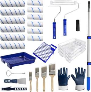 AURIXUS 28 PCS Paint Roller Kit with Extension Pole, 4"and 9" Paint Roller, Including Gloves, Paint Tray, Flat Paint Brush, Scraper, etc., for Professional House Painting & Oil Paints