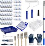 AURIXUS 28 PCS Paint Roller Kit with Extension Pole, 4"and 9" Paint Roller, Including Gloves, Paint Tray, Flat Paint Brush, Scraper, etc., for Professional House Painting & Oil Paints