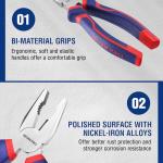 WORKPRO 3-Piece Pliers Set, 160mm Long Nose, 160mm Diagonal Cutting, 180mm Combination, Soft Grip, Blue, Red, Carbon Steel, for DIY Household Repair