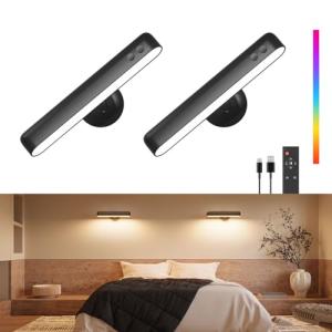 FULNIX Rechargeable Wall Sconces LED Wall Lights with 7500mAh Battery Lamp for Bedroom, Touch and Remote Control, 3 Colors Wall Light 360° Rotate Dimmable Brightness with 15 RGB Colors