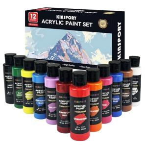KINSPORY Acrylic Paint Set 12 x 60 ml - Water-Resistant, Assorted Colors for Beginners, Artists, Kids - Multi-Surface Art Supplies for Canvas, Wood, Rocks