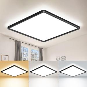 zemty 22CM Black LED Ceiling Lights, 3000K/4000K/6500K Waterproof Bathroom Light, 18W 1950LM Modern Square Flush Ceiling Lighting Fixture for Kitchen Hallway Bedroom Porch Toilet
