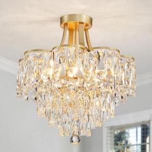 WUZUPS Crystal Chandelier Flushmount Ceiling Light Modern Lighting Fixture for Bedroom Hallway Bar Kitchen Bathroom, H 49 x W 46.5, E14 Base, Gold