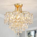 WUZUPS Crystal Chandelier Flushmount Ceiling Light Modern Lighting Fixture for Bedroom Hallway Bar Kitchen Bathroom, H 49 x W 46.5, E14 Base, Gold