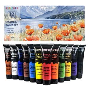 KINSPORY Acrylic Paint Set 12 x 36 ml - Water-Resistant, Assorted Colors for Beginners, Artists, Kids - Multi-Surface Art Supplies for Canvas, Wood, Rocks