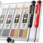 Nicpro Carpenter Pencil with Sharpener, Mechanical Pencils Set with 26 Refills, Case, Deep Hole Marker for Construction, Heavy Duty Woodworking Pencils Carpenter Tools for Architect (Black, Red)