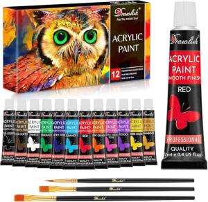Drawlish Acrylic Paints Set of 12 with 3 Paint Brushes & (12ml) Tubes | Highly-Pigmented Fabric Paint | Ideal for Canvas, Wood, Ceramic, Glass & Rock Painting
