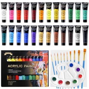 Acrylic Paint Set, 24 x 36 ml Painting Set with 10 Brushes for Canvas, Wood, Paper, Ceramic, Waterproof Paints with Vivid Colour for Artists, Beginners, Children