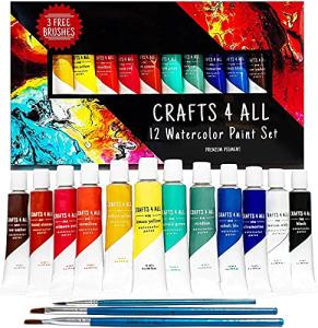 Crafts 4 ALL Watercolour Paint Set - 12 Pack of Premium Quality Watercolours for Kids, Artists, Students, and Beginners – Vibrant Paints w/ 3 Bonus Water Colour Paintbrushes