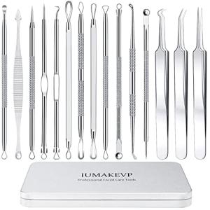 Blackhead Remover Tool Kit, IUMAKEVP 15 PCS Professional Stainless Steel Pimple Popper Comedone Extractor Tools for Removing Pimple, Blackheads, Zit on Face - Acne Removal Kit with Metal Case(Silvery)