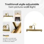 MiniSun | Gemini Adjustable Antique Brass Mains Powered Twin Picture Wall Light | Hardwired Picture & Display Lights, Home Décor & Improvement Essential | Includes LED Bulbs | Mains Wired