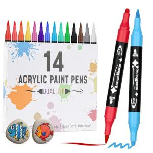 VynyQoo 14 Colours Acrylic Paint Pens Set, Dual Tip Acrylic Markers, acrylic Pens for Rock Painting with 0.5cm Extra Fine Tip, Water Based Colouring pens for Wood Glass Ceramic Fabric for Adults Kids