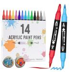 VynyQoo 14 Colours Acrylic Paint Pens Set, Dual Tip Acrylic Markers, acrylic Pens for Rock Painting with 0.5cm Extra Fine Tip, Water Based Colouring pens for Wood Glass Ceramic Fabric for Adults Kids