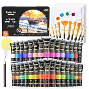 Shuttle Art 48 Pack Acrylic Paint Set, 30 Colours Acrylic Paint (36ml) with 10 Brushes 5 Canvas 1 Palette 1 Sponge, Complete Set for Kids, Adults Painting Kit on Canvas Rocks Wood Ceramic
