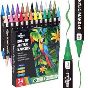 STATIONERY ISLAND Permanent Acrylic Paint Pens 24 Colours – Dual Tip Markers for Rock, Pumpkin, Stone, Glass, Ceramic, Wood & Fabric – Fine & Brush Tip Water Based Paint Pens for Halloween Crafts