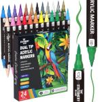 STATIONERY ISLAND Permanent Acrylic Paint Pens 24 Colours – Dual Tip Markers for Rock, Pumpkin, Stone, Glass, Ceramic, Wood & Fabric – Fine & Brush Tip Water Based Paint Pens for Halloween Crafts