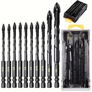 10 Pieces of Concrete Drill Bit Kit, suitable for Glass Plastic Wood Brick Tungsten Carbide Drill Hard Alloy Cross Drill Bits