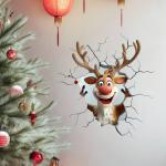 3D Reindeer Break-Through Wall Decal, Vinyl Christmas Wall Stickers, Removable Holiday Decor for Home and Living Spaces