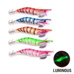 5pcs/lot Fishing Wood Shrimp Luminous Squid Octopus Lure 3D Eyes Fishing Lure Hard Bait Wobbler Squid Jig Lure