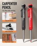 Nicpro Carpenter Pencil with Sharpener, Mechanical Pencils Set with 26 Refills, Deep Hole Marker for Construction, Heavy Duty Woodworking Tools for Architect (Black, Red) - With Case