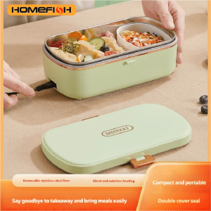 HOMEFISH Stainless Steel Electric Lunch Box Food Warmer Bento Box Water-Free Heating Office Lunch Container with Built-In Heater