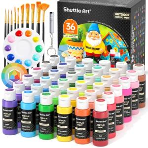 Shuttle Art Outdoor Acrylic Paint Set, 36 Colors 2oz/60ml Waterproof Acrylic Paint with 10 Brushes 1 Palette, Rich Pigmented Paints for Artists, Beginners on Rocks, Wood Crafts, Garden Statues