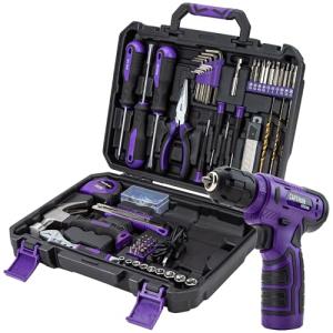 CARTMAN 150 Piece Tool Set, Tool Set with 8V Purple Cordless Drill Set, Home Tool Kit
