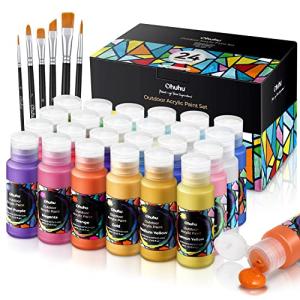 Ohuhu Outdoor Acrylic Paint for Metal, 24 Colors Paint Set, 2 oz./60ml Bottles for Artist, Beginners 18 Basic& 6 Metallic Acrylic Paints with 6 Brushes for Drawing, Waterproof Rich Pigments on Garden Statues, Woods, Rocks, Canvas, Glass, Fabrics, Last 3-4 Years