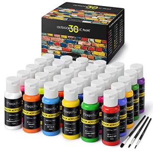Magicfly Outdoor Acrylic Paint, Set of 30 Colors/Tubes (60 ml, 2 oz.) with Storage Box, Rich Pigments, Multi-Surface Paints for Rock, Wood, Fabric, Leather, Paper, Crafts, Canvas and Wall Painting