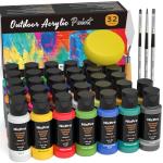 Nicpro 32 Colors Outdoor Acrylic Paint Bulk with Brush and Sponge, Knife, Non-Toxic Paint for Multi-surface Rock, Wood, Fabric, Leather, Crafts, Canvas, Shoes and Wall Painting