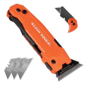 Klein Tools 44306 FLICKBLADE 2-in-1 Folding Utility Knife and Scraper with Built-In Blade Storage, Dual Locking Positions, Includes 3 Triple-Ground Carbon Steel Blades