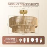 BoostArea 16.54” Boho 2-Tier Rattan Ceiling Light Fixture, Semi Flush Mount Woven Chandelier for Bedroom, Dining Room, Kitchen, Entryway, Living Room(Bulb not Included)