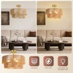 BoostArea 16.54” Boho 2-Tier Rattan Ceiling Light Fixture, Semi Flush Mount Woven Chandelier for Bedroom, Dining Room, Kitchen, Entryway, Living Room(Bulb not Included)