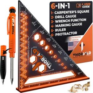 THORVALD 6-in-1 Carpenter Square 7 inch (1/16" Precision) T Square Multi-Purpose Carpenter Tools : Wrench, Square, Protractor, Ruler, Marking Gauge, Drill Gauge, Includes 2-in-1 Carpentry Pencil