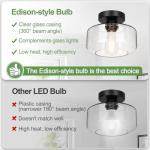 Industrial Semi Flush Mount Ceiling Light, 800 Lumen LED Bulb Included, Seeded Glass Shade Farmhouse Light Fixture for Hallway Corridor Kitchen Bathroom Bedroom Passway