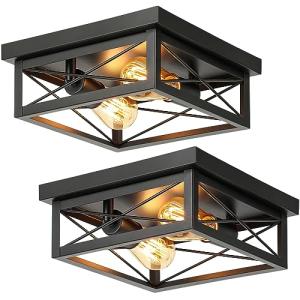 Kondras 2-Light Industrial Square Flush Mount Ceiling Light, Farmhouse Ceiling Light Fixture for Kitchen, Modern Black Close to Ceiling Light for Hallway Bedroom Balcony Porch Stairway, E26, 2-Pack