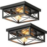 Kondras 2-Light Industrial Square Flush Mount Ceiling Light, Farmhouse Ceiling Light Fixture for Kitchen, Modern Black Close to Ceiling Light for Hallway Bedroom Balcony Porch Stairway, E26, 2-Pack
