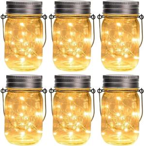 GIGALUMI Hanging Mason Jar Solar Lights, 6 Pack 30 Led Hanging Solar Lanterns Outdoor Waterproof, Hangers and Jars Included, Outdoor Decor for Balcony, Garden, Patio, Yard, Wedding